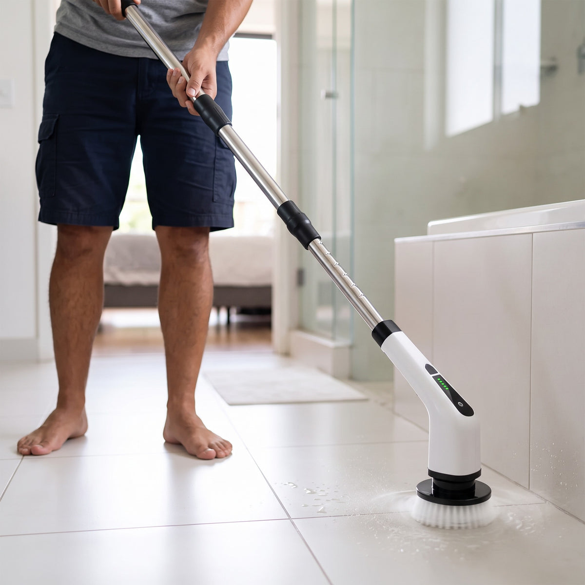 Persona limpiando el piso del baño con el limpiador giratorio eléctrico