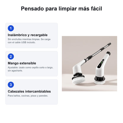 Beneficios: inalámbrico y recargable, mango extensible, cabezales intercambiables